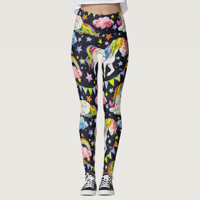 Prismatic Unicorn Wish Black & Pink Leggings (Front)