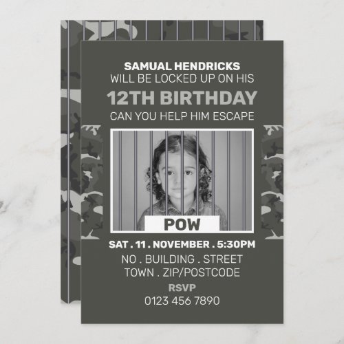 Prisoner of War Themed Escape Room Birthday Party Invitation