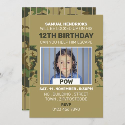 Prisoner of War Themed Escape Room Birthday Party Invitation