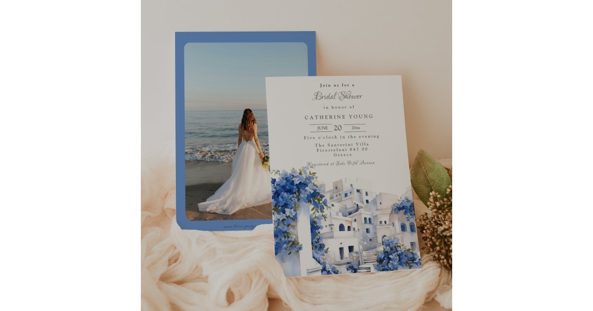 Pristine Blue and White Santorini Bridal Shower Invitation