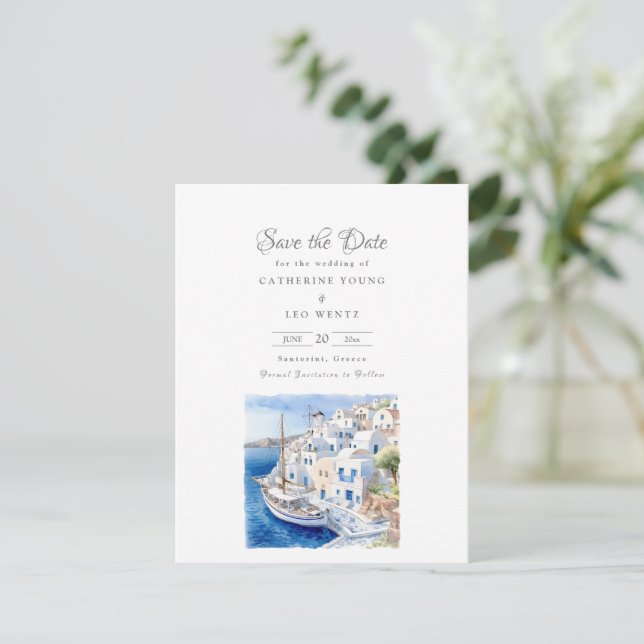 Pristine Blue and White Santorini Save The Date (Standing Front)