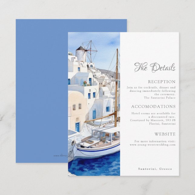 Pristine Blue and White Santorini Wedding Details Note Card (Front/Back)