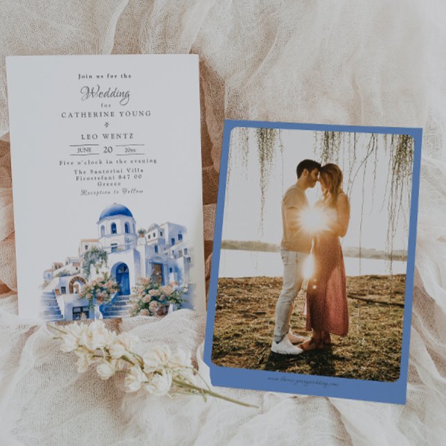 Pristine Blue and White Santorini Wedding Invitation (Creator Uploaded)