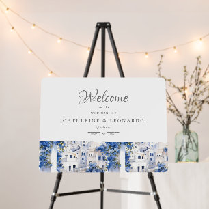Pristine Blue and White Santorini Wedding Welcome Foam Board