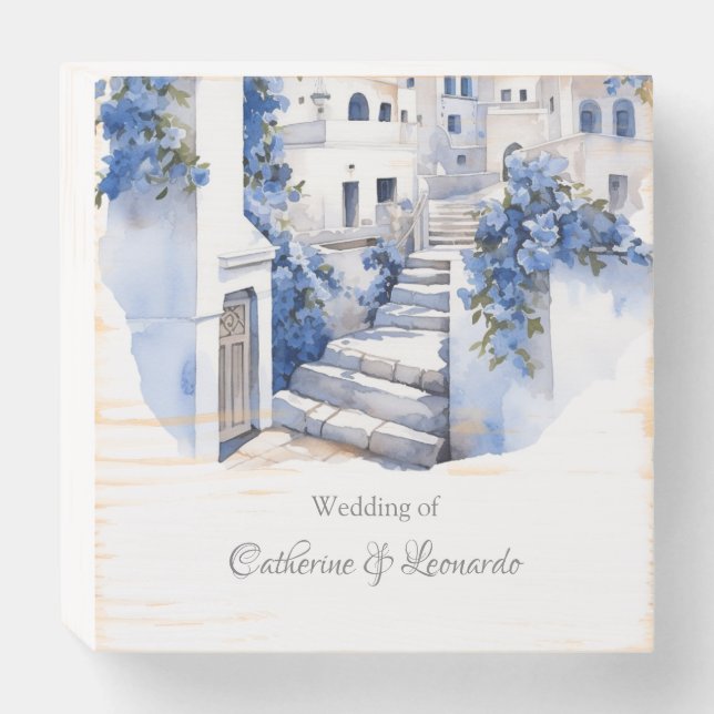 Pristine Blue and White Santorini Wedding  Wooden Box Sign (Front Horizontal)