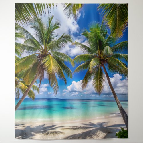 Pristine Tropical Beach with Palm Trees Tapestry