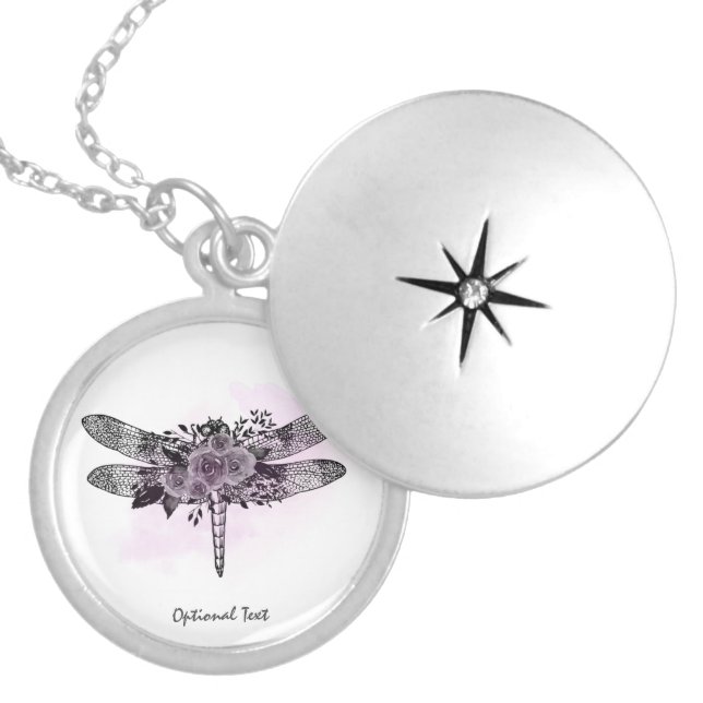 *~* Private Black Glitter Dragonfly Roses  Locket Necklace (Front)