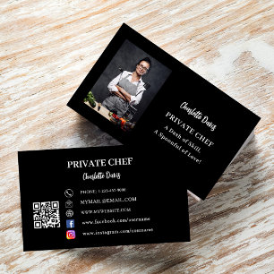Private chef black white photo slogan QR code Business Card