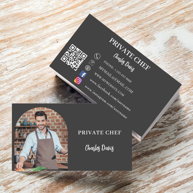 Private chef charcoal gray photo arch QR code Business Card (Creator Uploaded)
