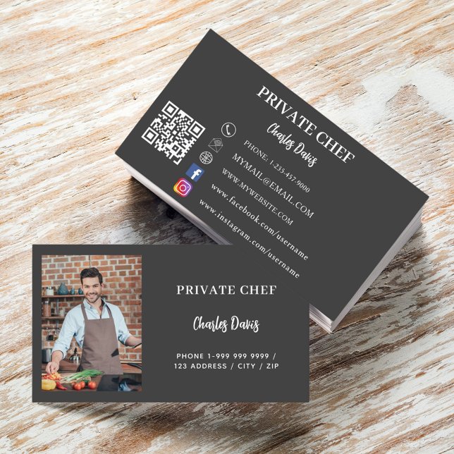 Private chef charcoal gray photo catering QR code Business Card (Creator Uploaded)