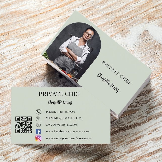 Private chef sage green photo arch QR code Business Card (Creator Uploaded)