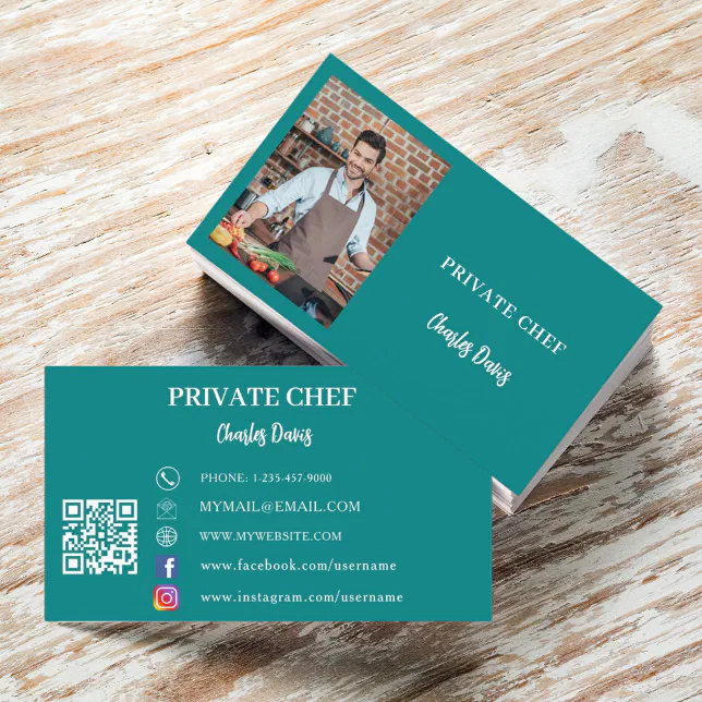 Custom Code Catering Private chef teal green photo catering QR code Business Card | Zazzle