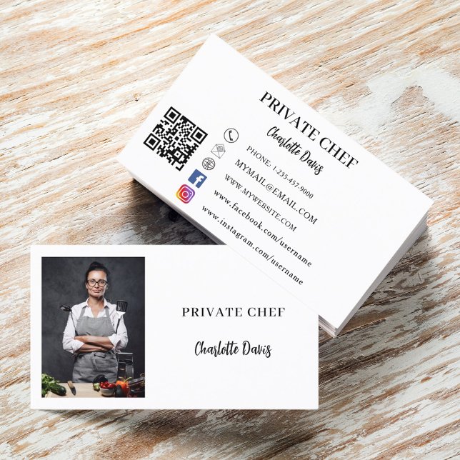 Private chef white black photo catering QR code Business Card (Creator Uploaded)