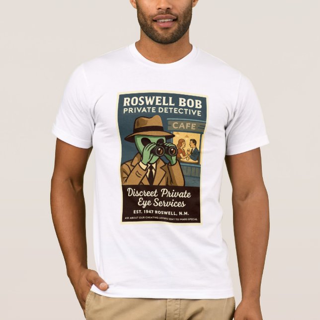 Private Detective Roswell Aliens 1950's Retro T-Shirt (Front)