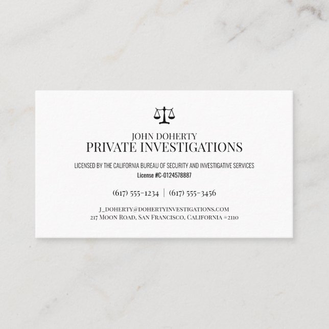 Private Investigations | Detective Professional Business Card (Front)