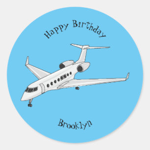 Private jet cartoon illustration classic round sticker