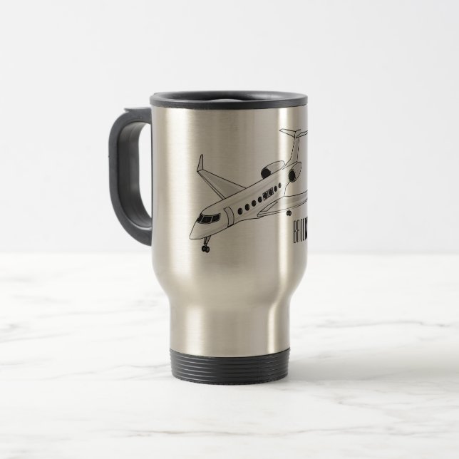 Private jet cartoon illustration travel mug (Front Left)