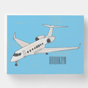 Private jet cartoon illustration wooden box sign