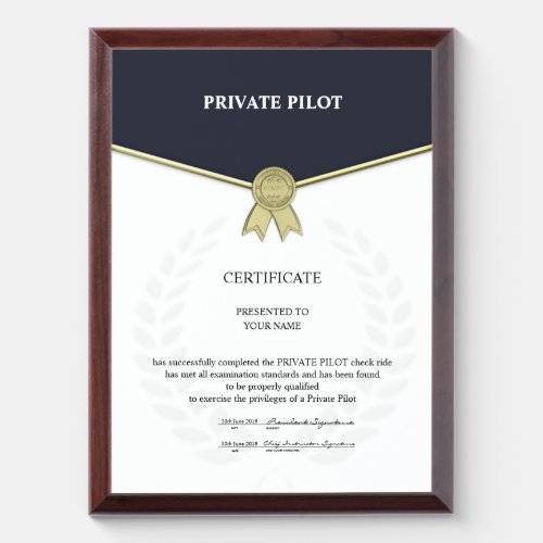 Private Pilot Certificate Award Plaque