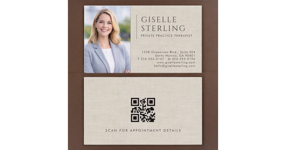 Professional Practice Card Private Practice Therapist Linen Photo QR Code Business Card | Zazzle
