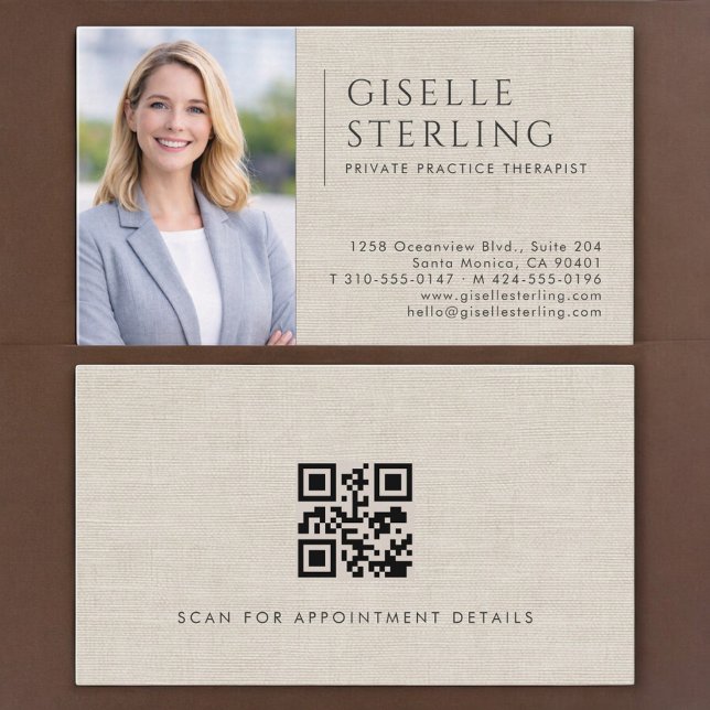 Private Practice Therapist Linen Photo QR Code Business Card (Creator Uploaded)