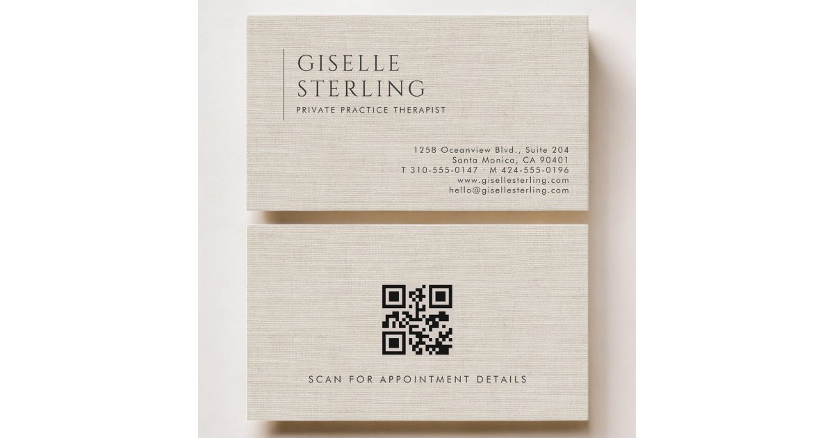 Professional Practice Card Private Practice Therapist Neutral Linen QR Code Business Card | Zazzle