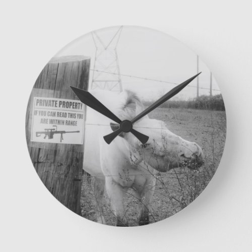 Private Property horse black  white Round Clock