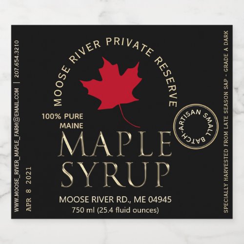 Private Reserve Maple Syrup Black with Red Leaf   Liquor Bottle Label