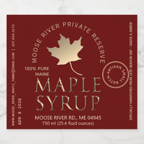 Private Reserve Maple Syrup Red Gold Maple Leaf Liquor Bottle Label