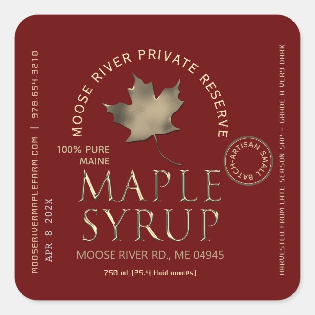 Private Reserve Maple Syrup Red with Gold Leaf  Square Sticker (Front)