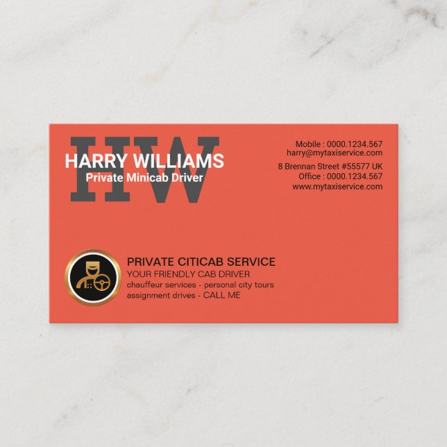 Private Taxi Driver Simple Monogram Taxi Business Card (Front)