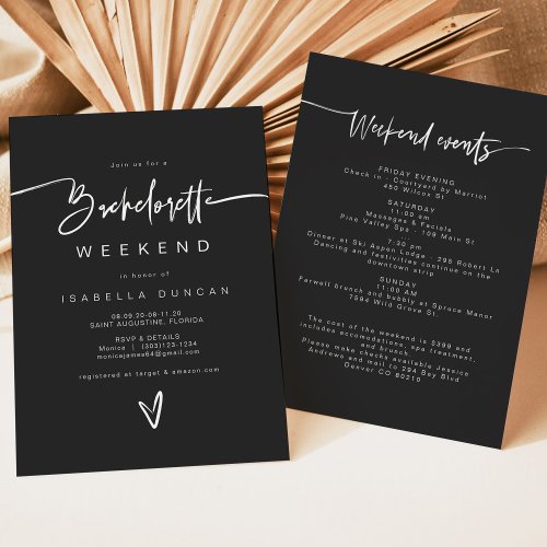 PRIYA Black Contemporary Bachelorette Itinerary Invitation