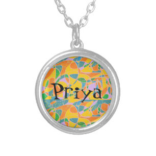 priya name on abstract art background silver plated necklace