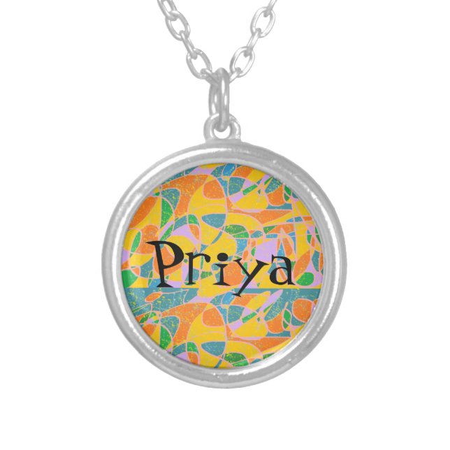 priya name on abstract art background silver plated necklace (Front)