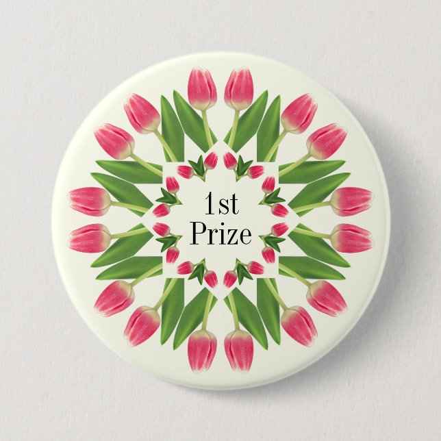 Prize, Birthday Etc Pink Tulip Button Pin (Front)