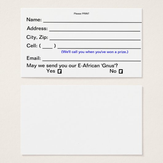 Prize Drawing Entry Cards (Consumer Shows) (Front & Back)