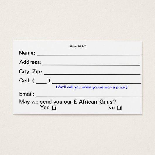 Prize Drawing Entry Cards (Consumer Shows) (Front)