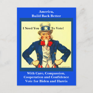 Pro Biden and Harris, Vintage Uncle Sam, Liberal Postcard