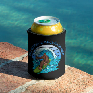 Pro By Day, Myth By Night Surfing Bigfoot Beer Can Cooler