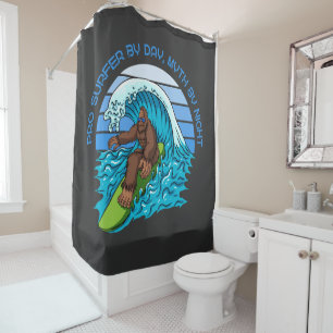 Pro By Day, Myth By Night Surfing Bigfoot Black Shower Curtain