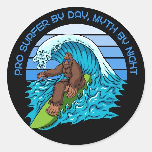 Pro By Day, Myth By Night Surfing Bigfoot Classic Round Sticker (Front)
