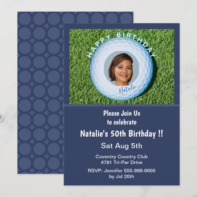 Pro Golfer Photo Signed Golf Ball 50th Birthday Invitation (Front/Back)