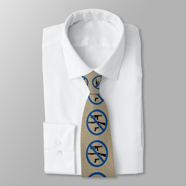 Pro Gun Control Custom Text Faux Beige Linen Neck Tie (Tied)