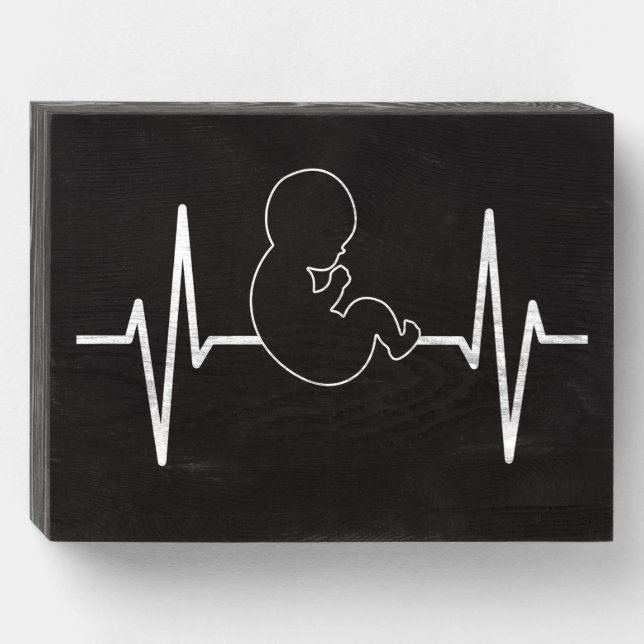 Pro-Life Baby Heartbeat Pulse EKG: Christian Faith Wooden Box Sign (Front Horizontal)