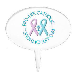 Pro-Life Catholic w/Monstrance &amp; Pink/Blue Ribbons Cake Topper