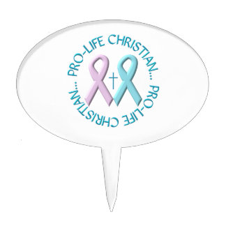 Pro-Life Christian w/Cross &amp; Pink/Blue Ribbons Cake Topper
