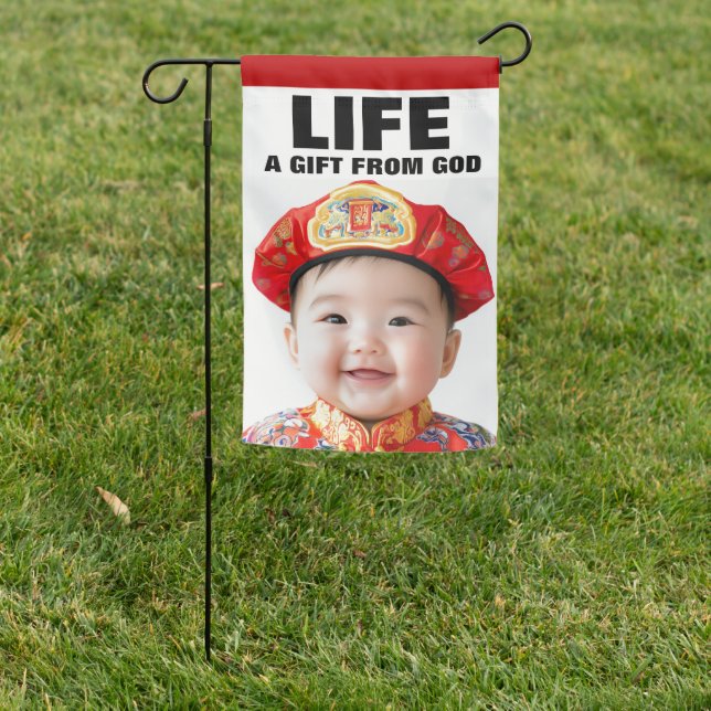 PRO-LIFE CUTE SMILING CHINESE BABY BOY  GARDEN FLAG (In SItu)