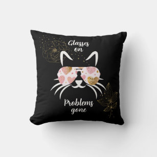Problems gone white cat silhouette with gold heart throw pillow