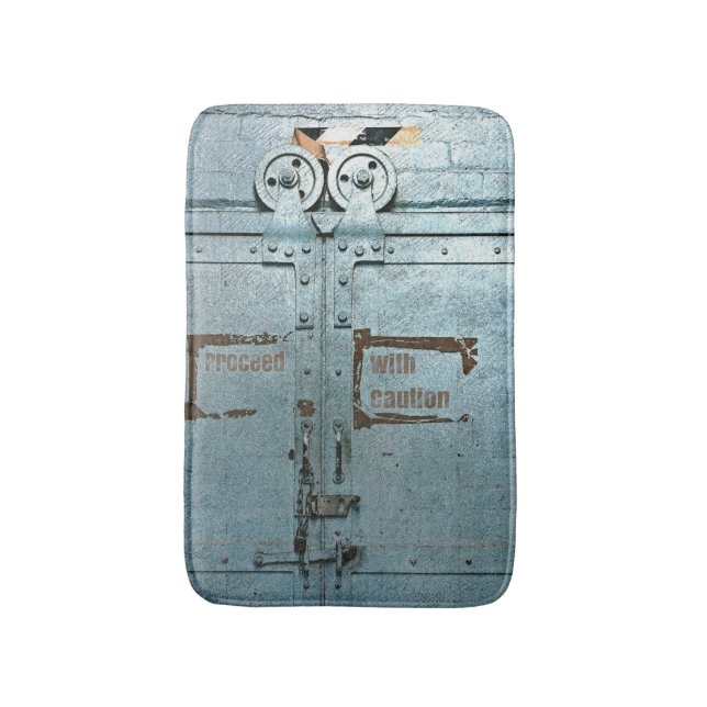 Proceed with caution blue grey industrial door bath mat (Front Vertical)