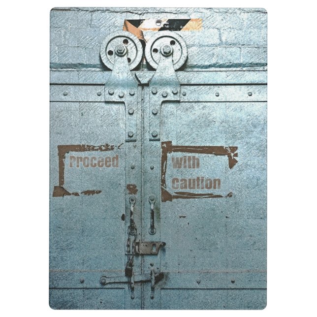 Proceed with caution blue grey industrial door clipboard (Back)